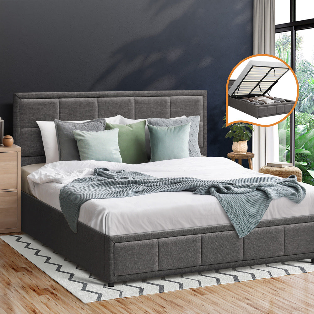 King Single Gas Lift Bed Frame Grey  Fabric Storage Base
