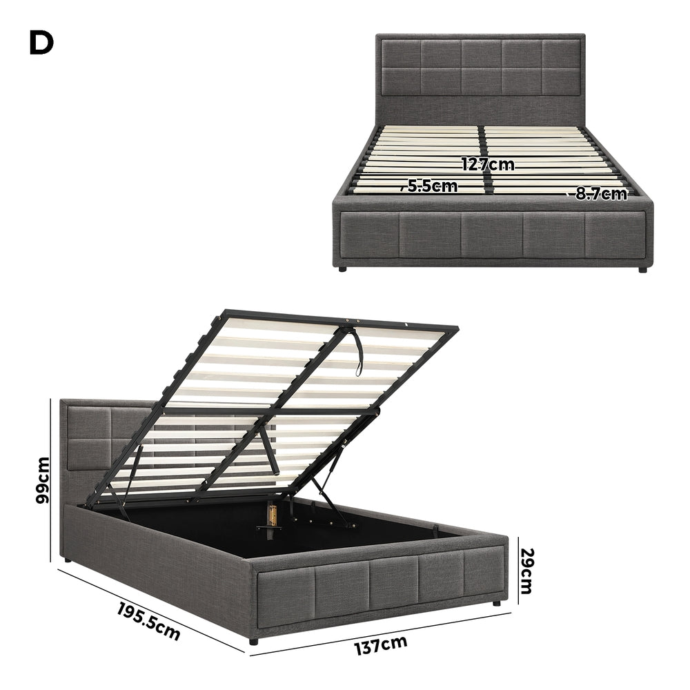 King Single Gas Lift Bed Frame Grey  Fabric Storage Base