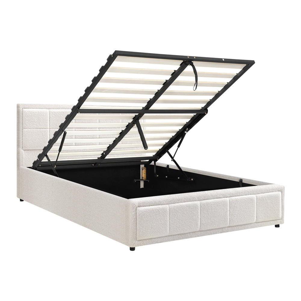 Boucle Fabric Upholstery Gas Lift Storage Bed