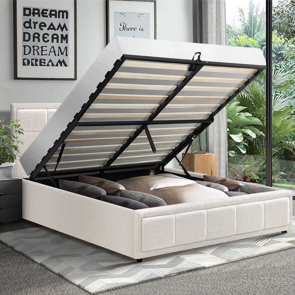 Boucle Fabric Upholstery Gas Lift Storage Bed