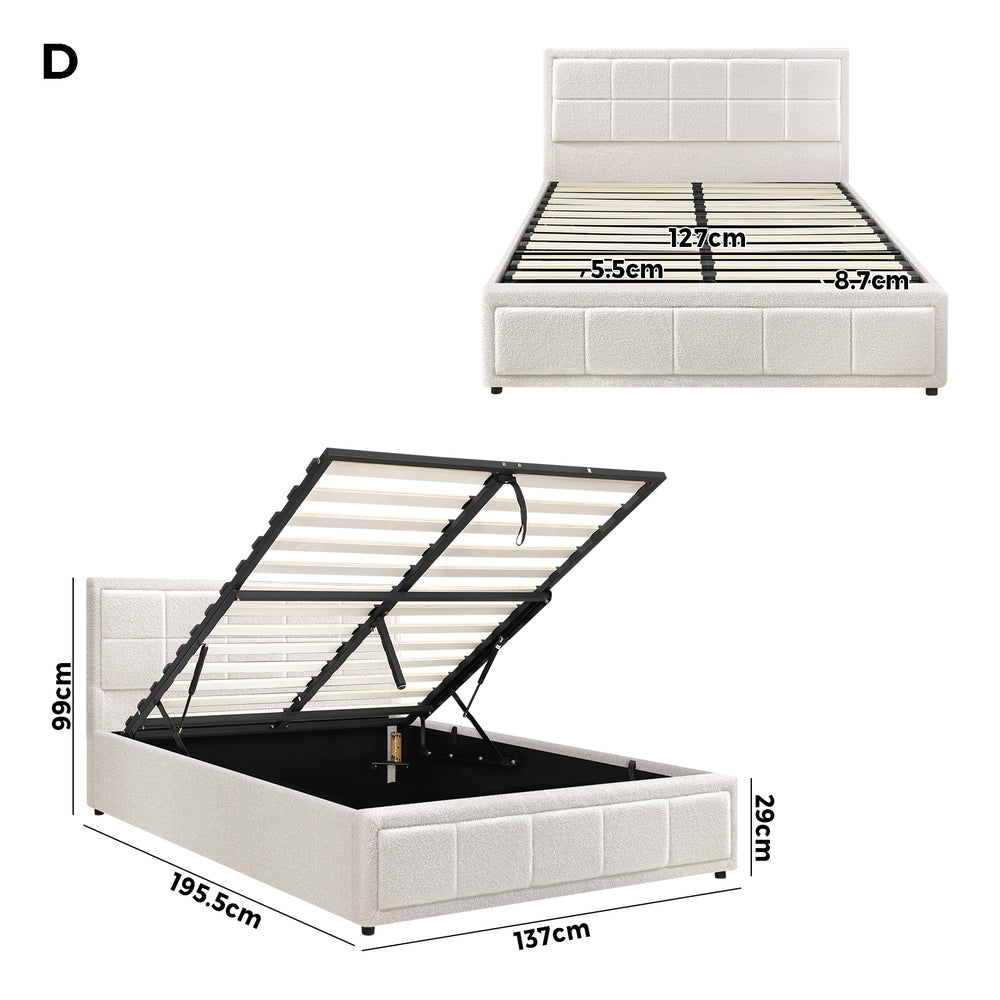 Boucle Fabric Upholstery Gas Lift Storage Bed