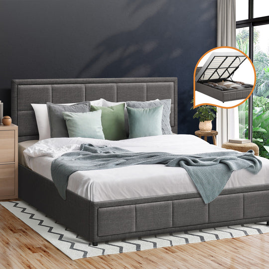King Gas Lift Storage Bed With Grey Fabric Upholstery And