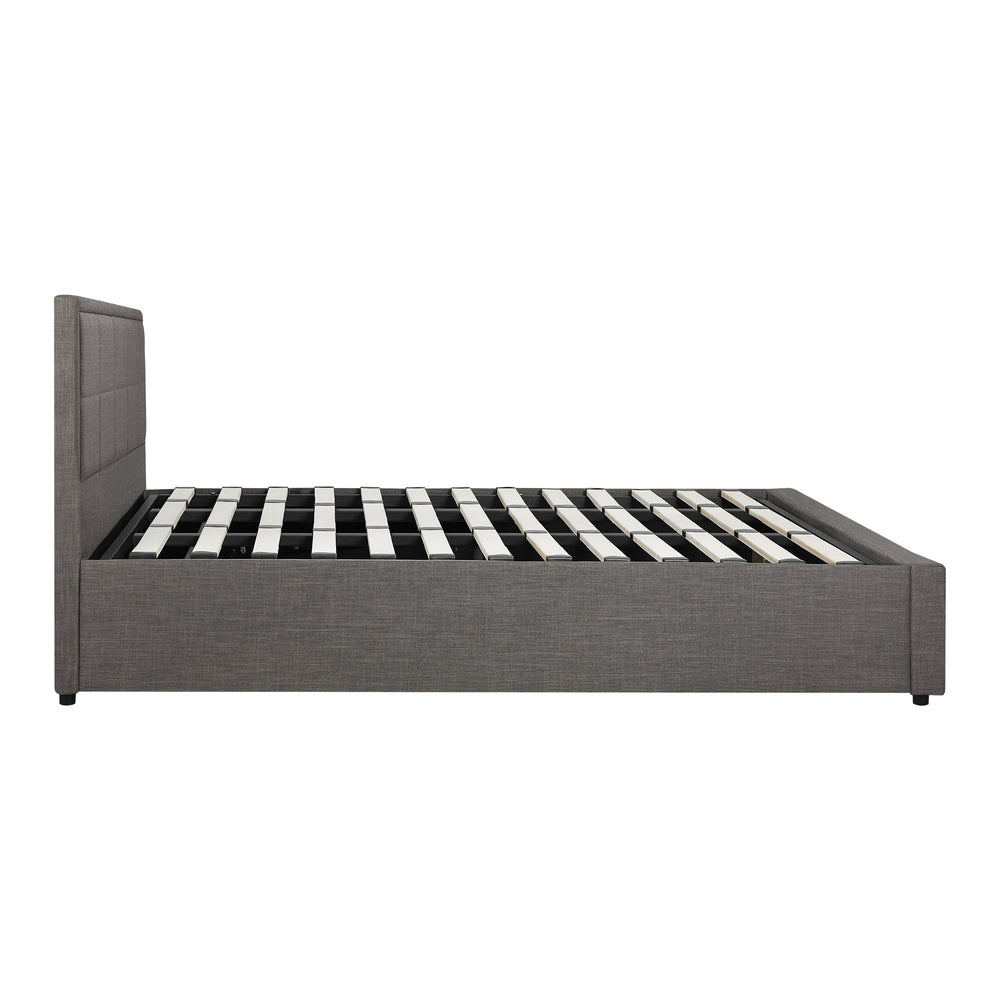King Gas Lift Storage Bed With Grey Fabric Upholstery And Sturdy Support Base