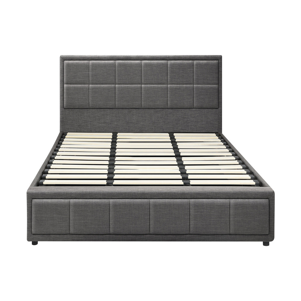 King Gas Lift Storage Bed With Grey Fabric Upholstery And Sturdy Support Base