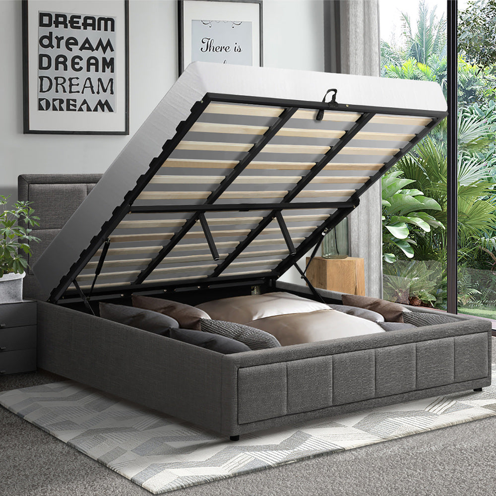 King Gas Lift Storage Bed With Grey Fabric Upholstery And Sturdy Support Base