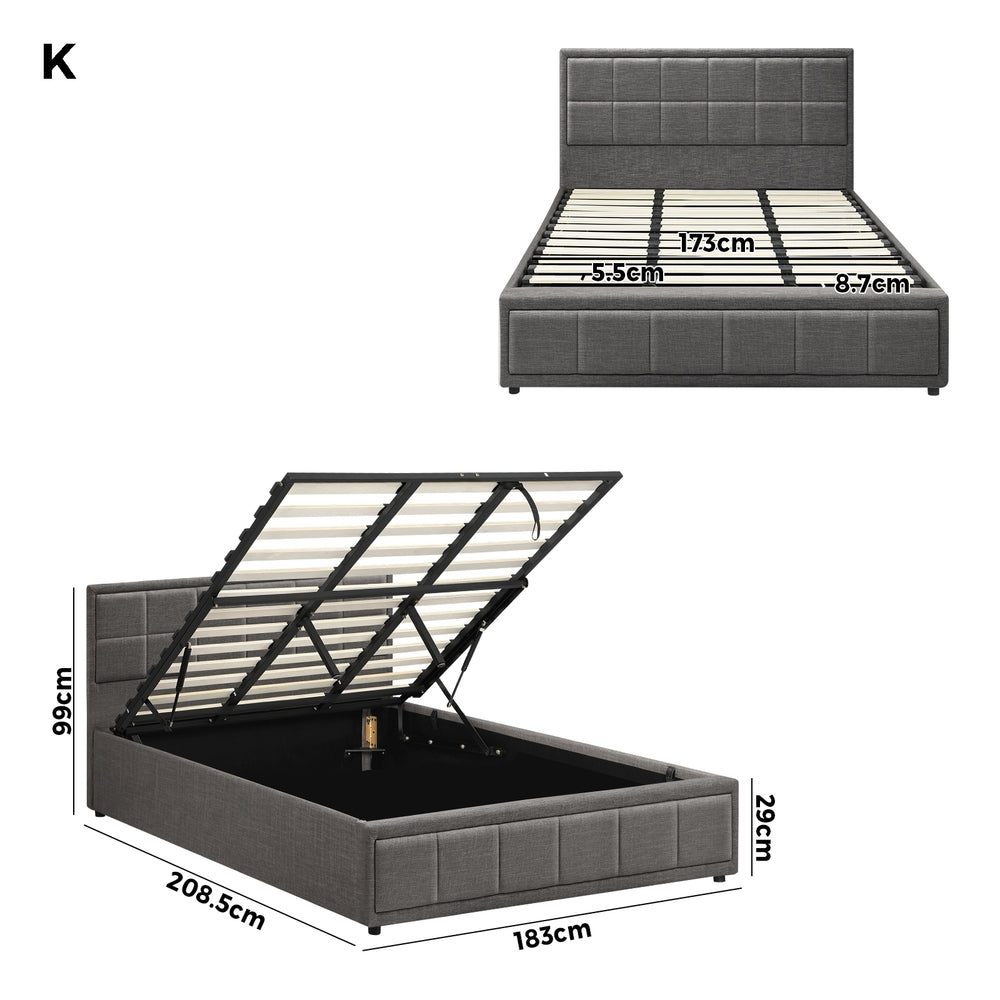King Gas Lift Storage Bed With Grey Fabric Upholstery And Sturdy Support Base