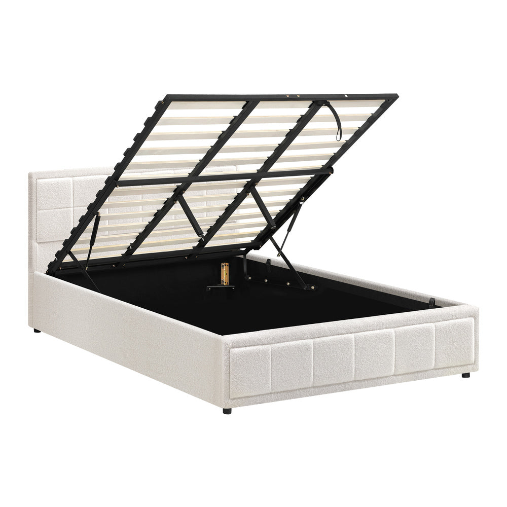 Boucle Fabric Upholstery Gas Lift Storage Bed