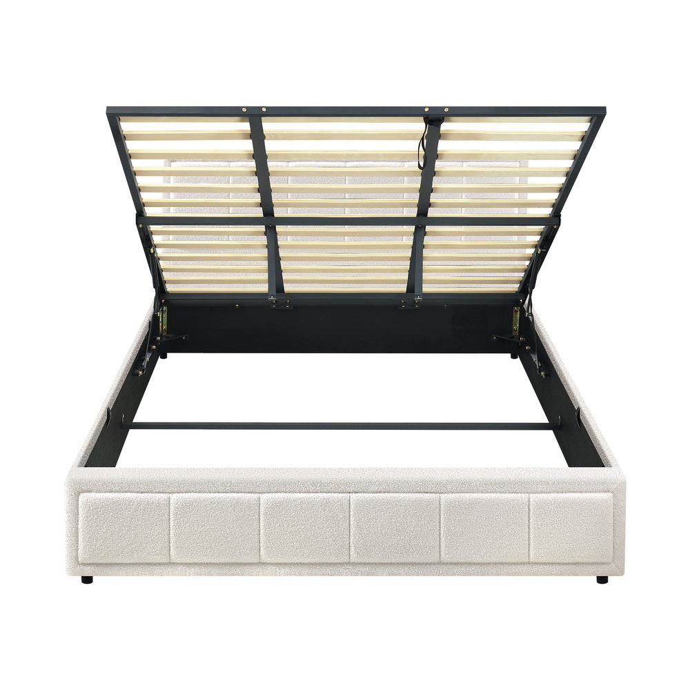 Boucle Fabric Upholstery Gas Lift Storage Bed
