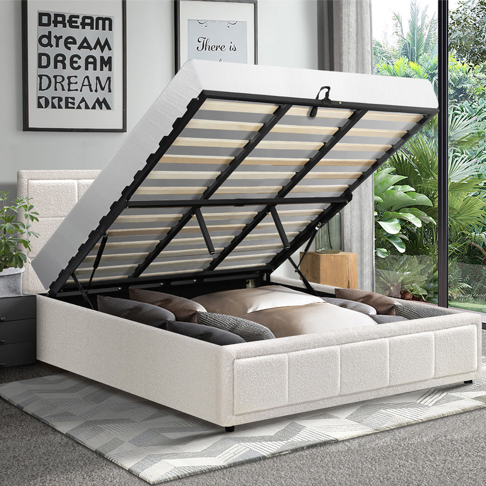 Boucle Fabric Upholstery Gas Lift Storage Bed