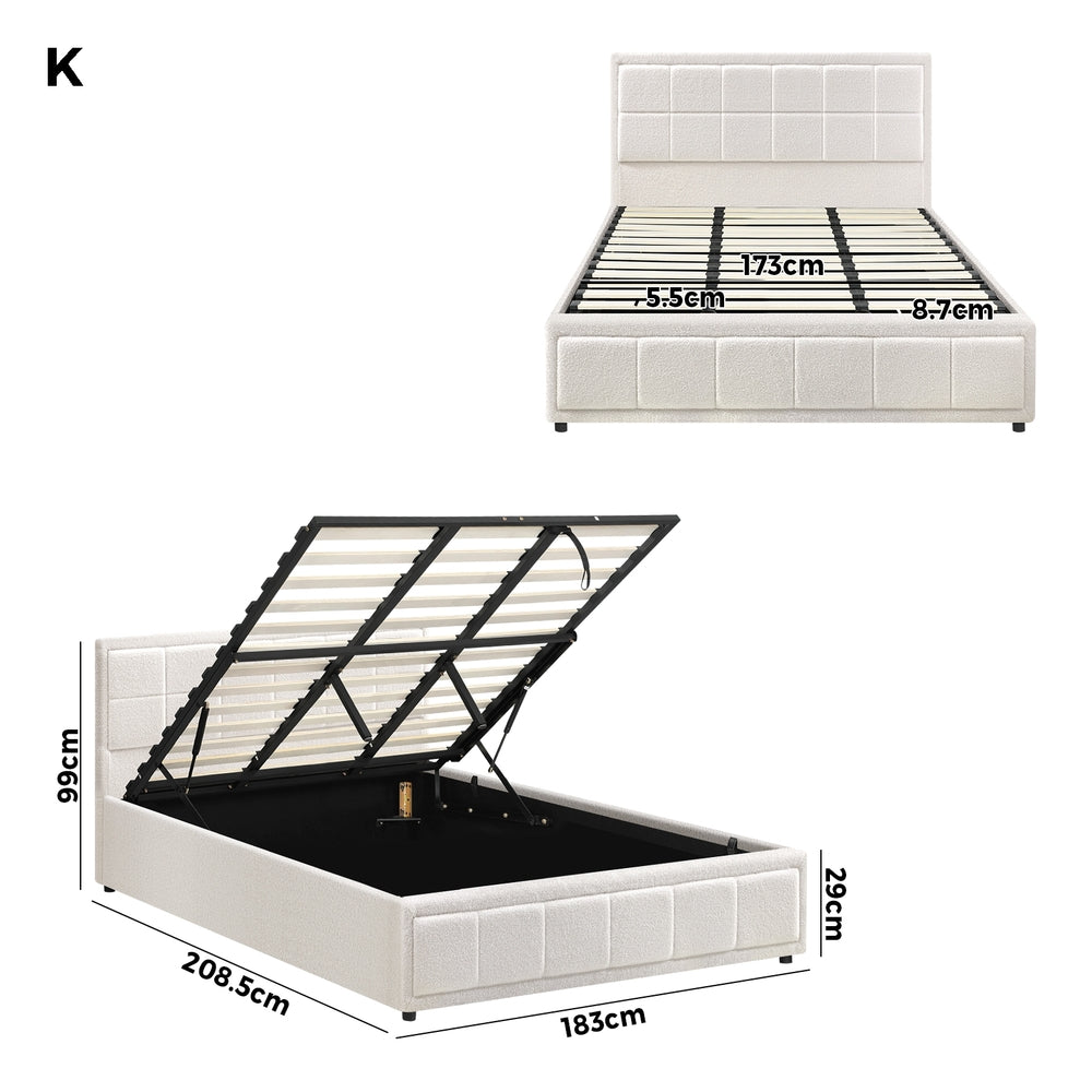 Boucle Fabric Upholstery Gas Lift Storage Bed