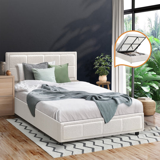 Boucle Fabric Upholstery Gas Lift Storage Bed