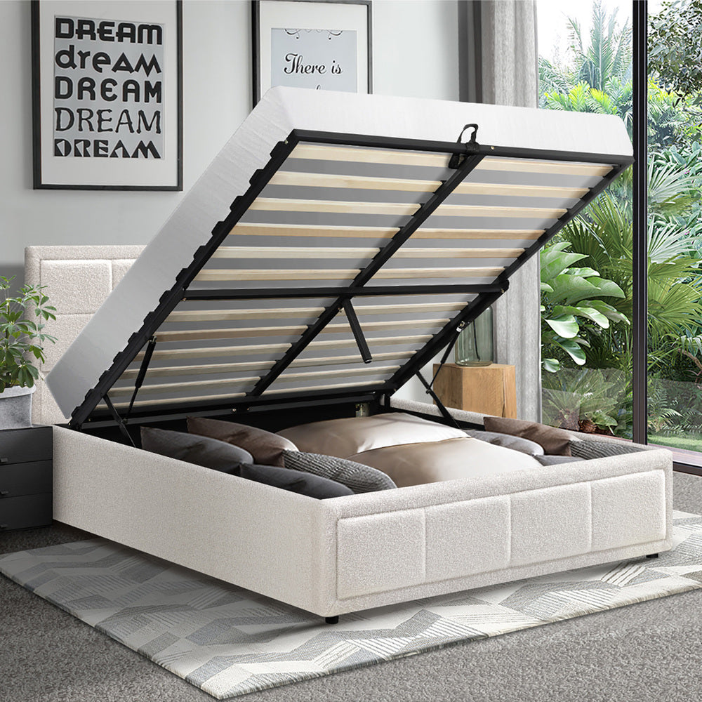 Boucle Fabric Upholstery Gas Lift Storage Bed