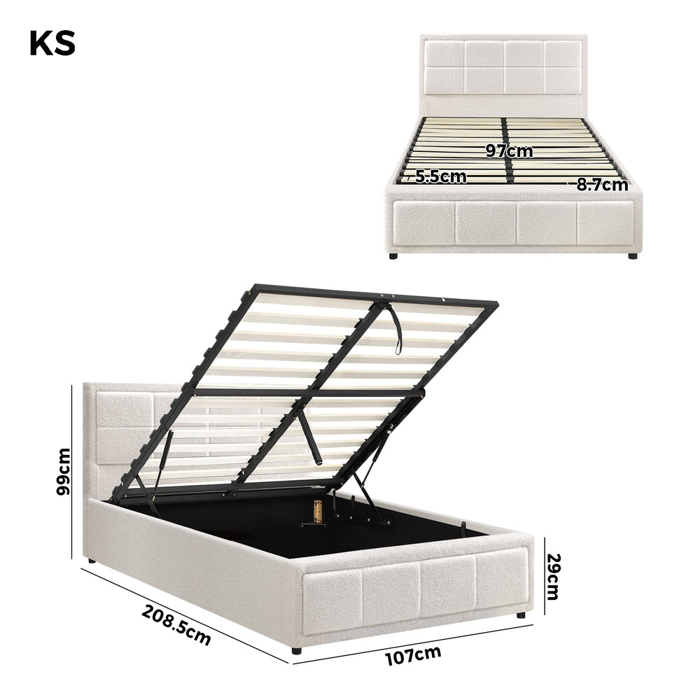 Boucle Fabric Upholstery Gas Lift Storage Bed