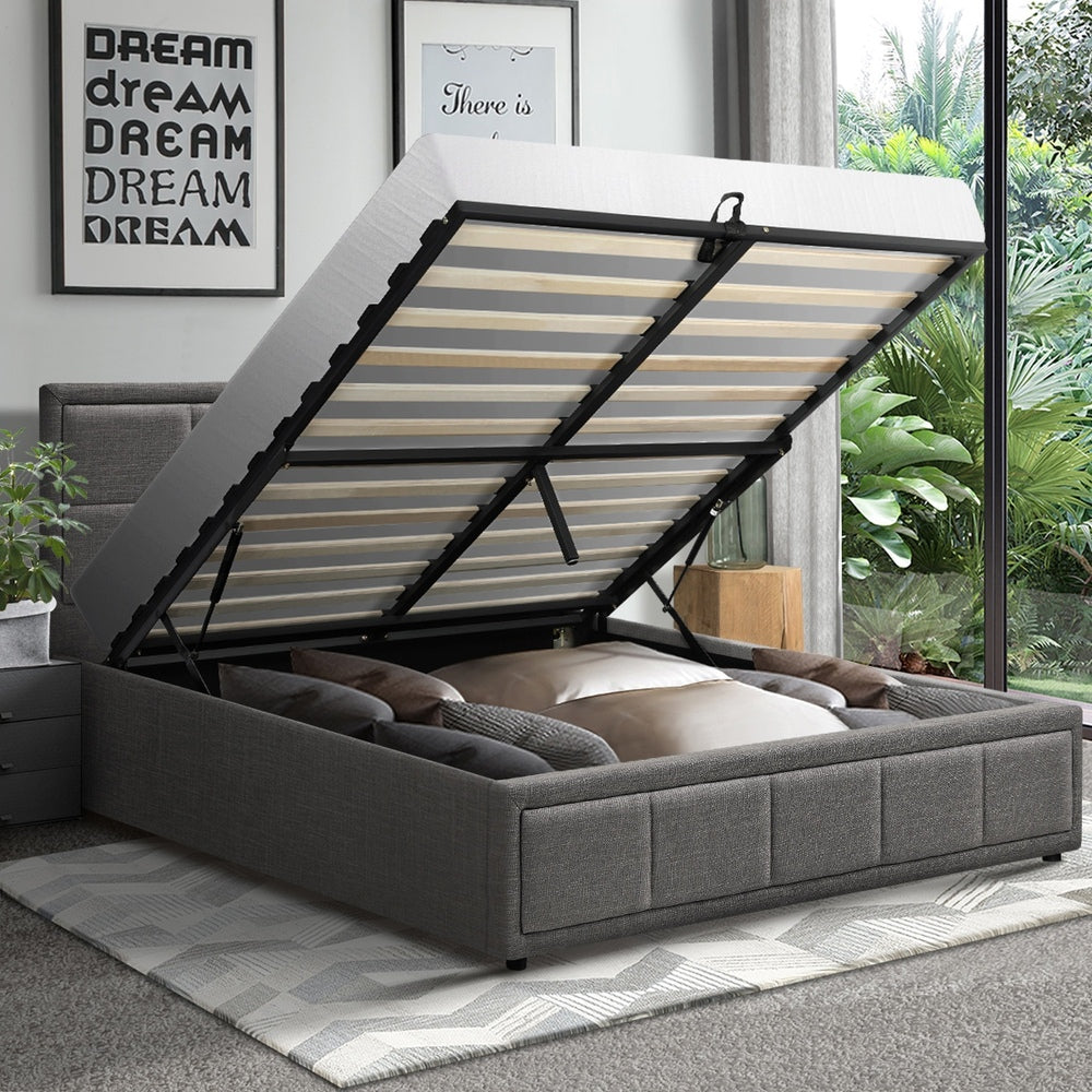 King Single Gas Lift Bed Frame Grey  Fabric Storage Base