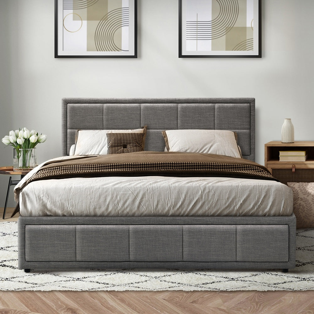 King Single Gas Lift Bed Frame Grey  Fabric Storage Base