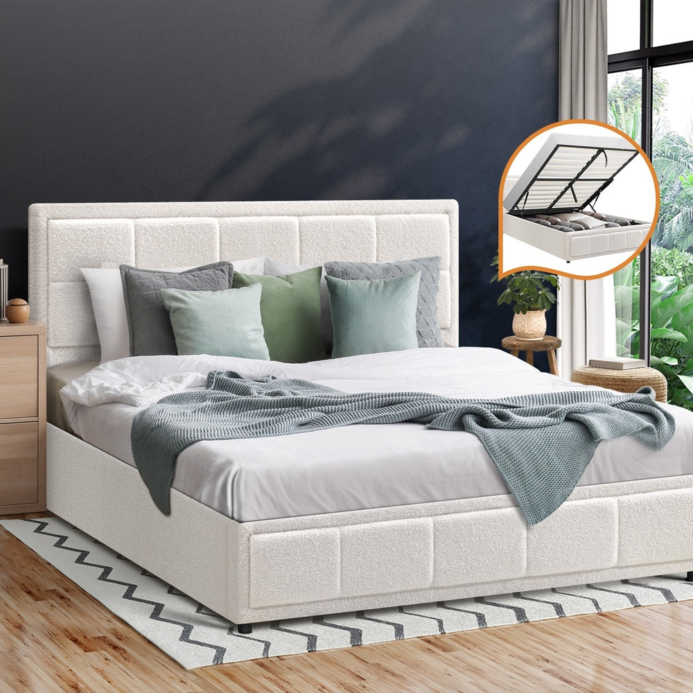 Boucle Fabric Upholstery Gas Lift Storage Bed