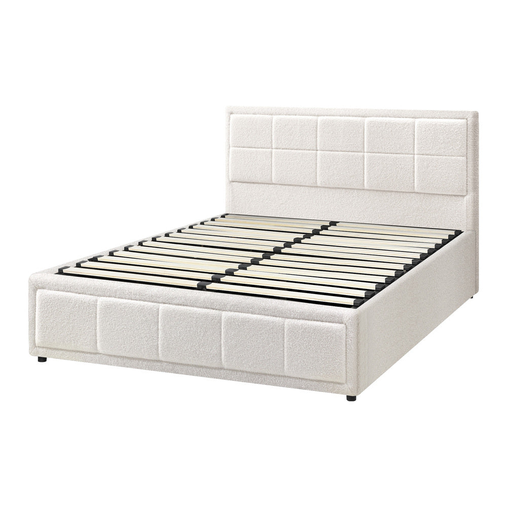 Boucle Fabric Upholstery Gas Lift Storage Bed