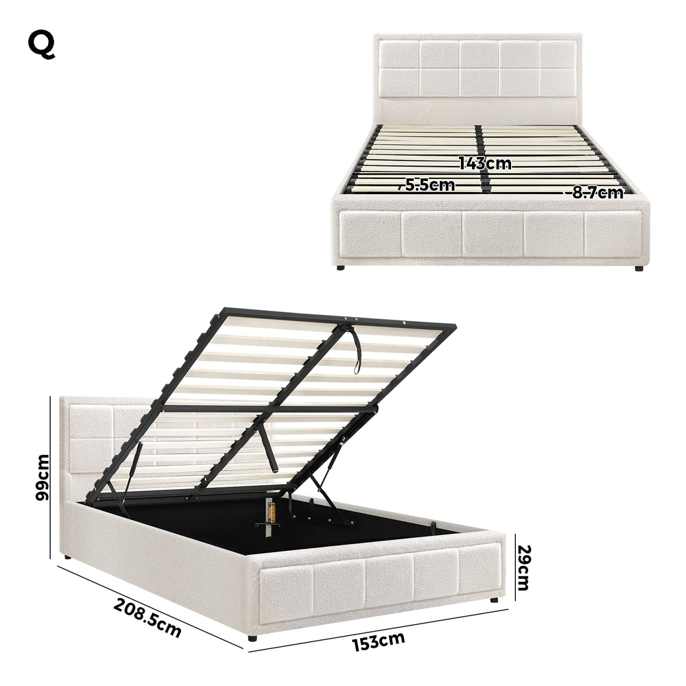 Boucle Fabric Upholstery Gas Lift Storage Bed