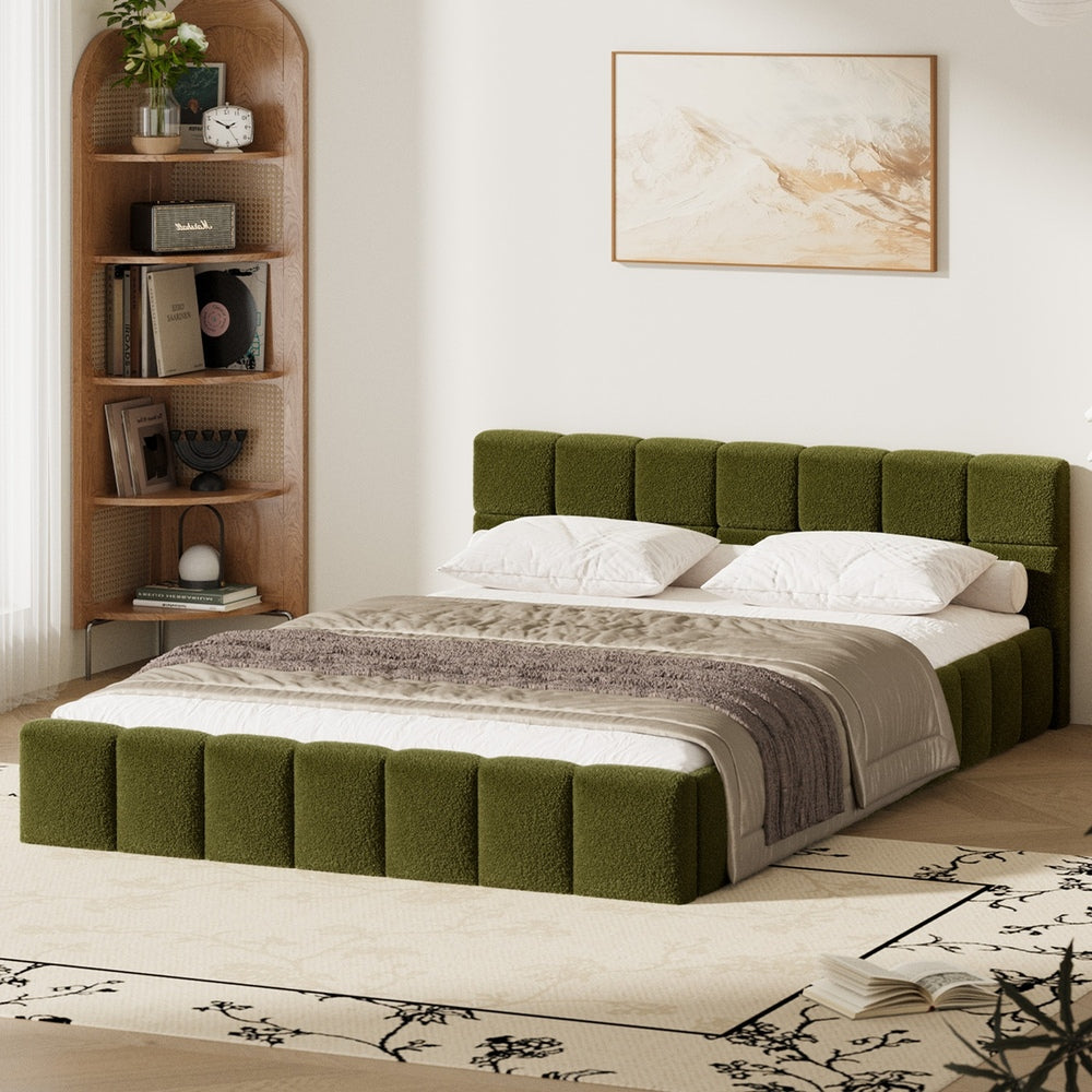 Tufted Headboard Stylish Bed With And Green Boucle Fabric