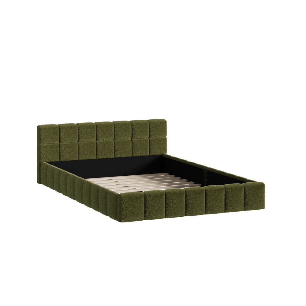 Tufted Headboard Stylish Bed With And Green Boucle Fabric