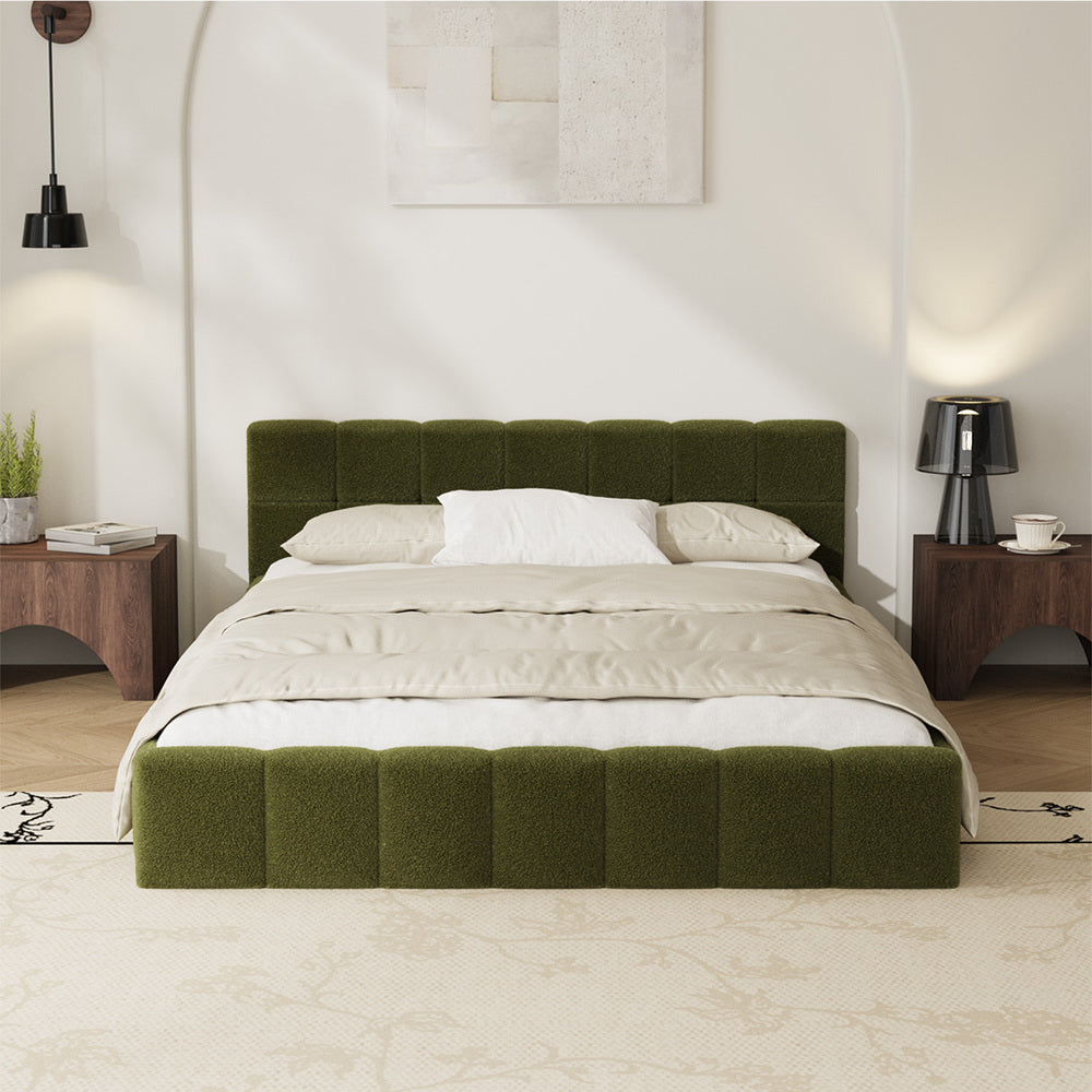 Tufted Headboard Stylish Bed With And Green Boucle Fabric