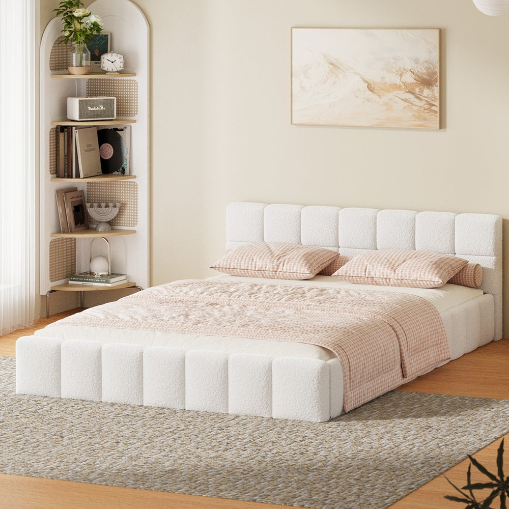 Double Bed Frame Boucle Tufted Headboard White | Simpledeals