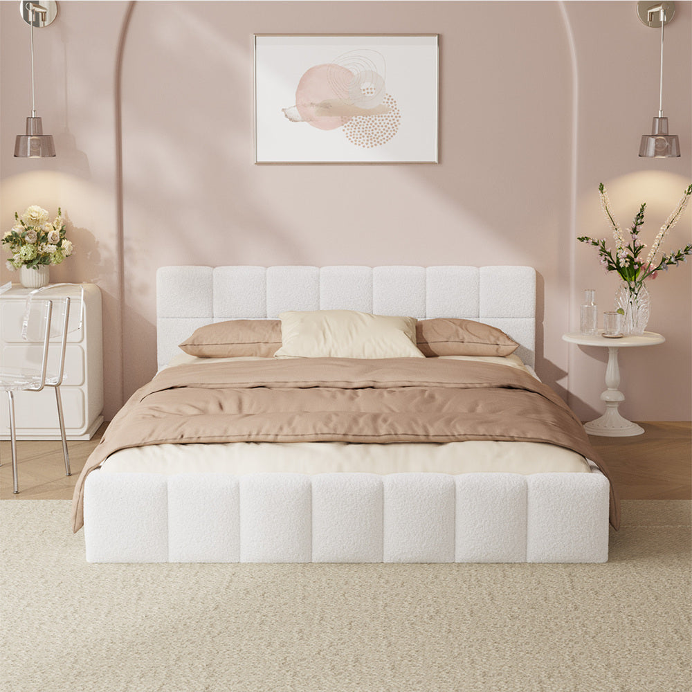Double Bed Frame Boucle Tufted Headboard White | Simpledeals