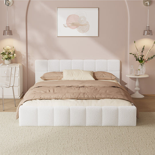 Bed Frame - Double Bed Frame Boucle Tufted Headboard White