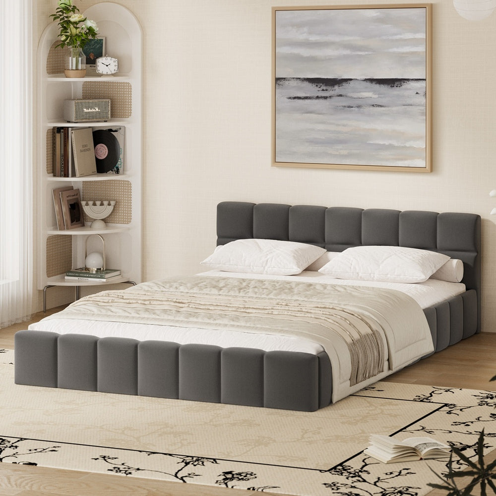 Double Bed Frame Grey Velvet Tufted Headboard | Simpledeals