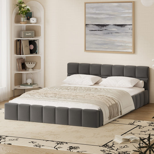 Double Bed Frame Grey Velvet Tufted Headboard | Bed Frame