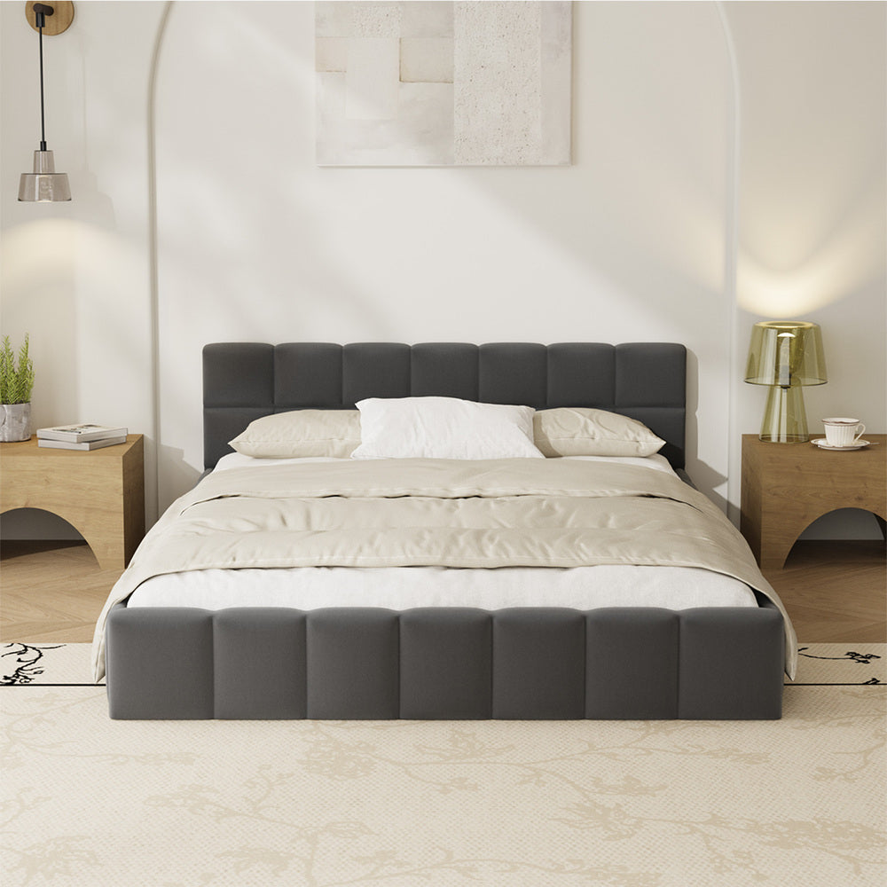 Double Bed Frame Grey Velvet Tufted Headboard | Simpledeals
