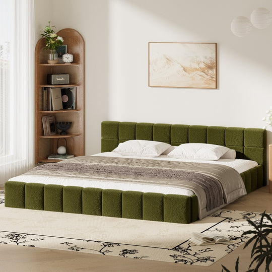 Tufted Headboard Stylish Bed With And Green Boucle Fabric
