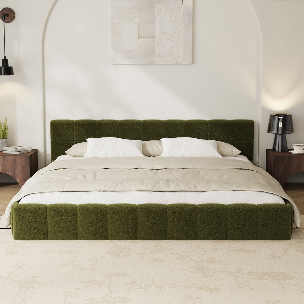 Tufted Headboard Stylish Bed With And Green Boucle Fabric