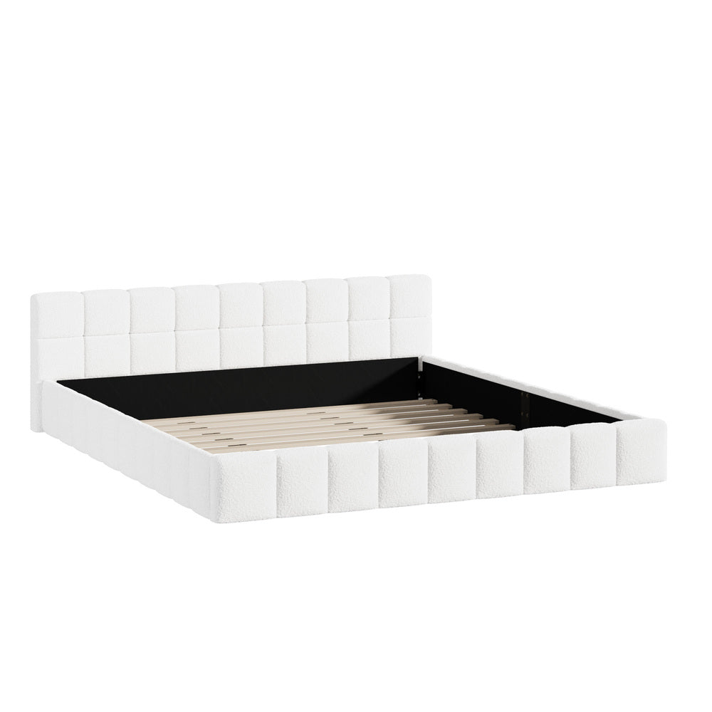 King Bed Frame Tufted Boucle Headboard White | Simpledeals