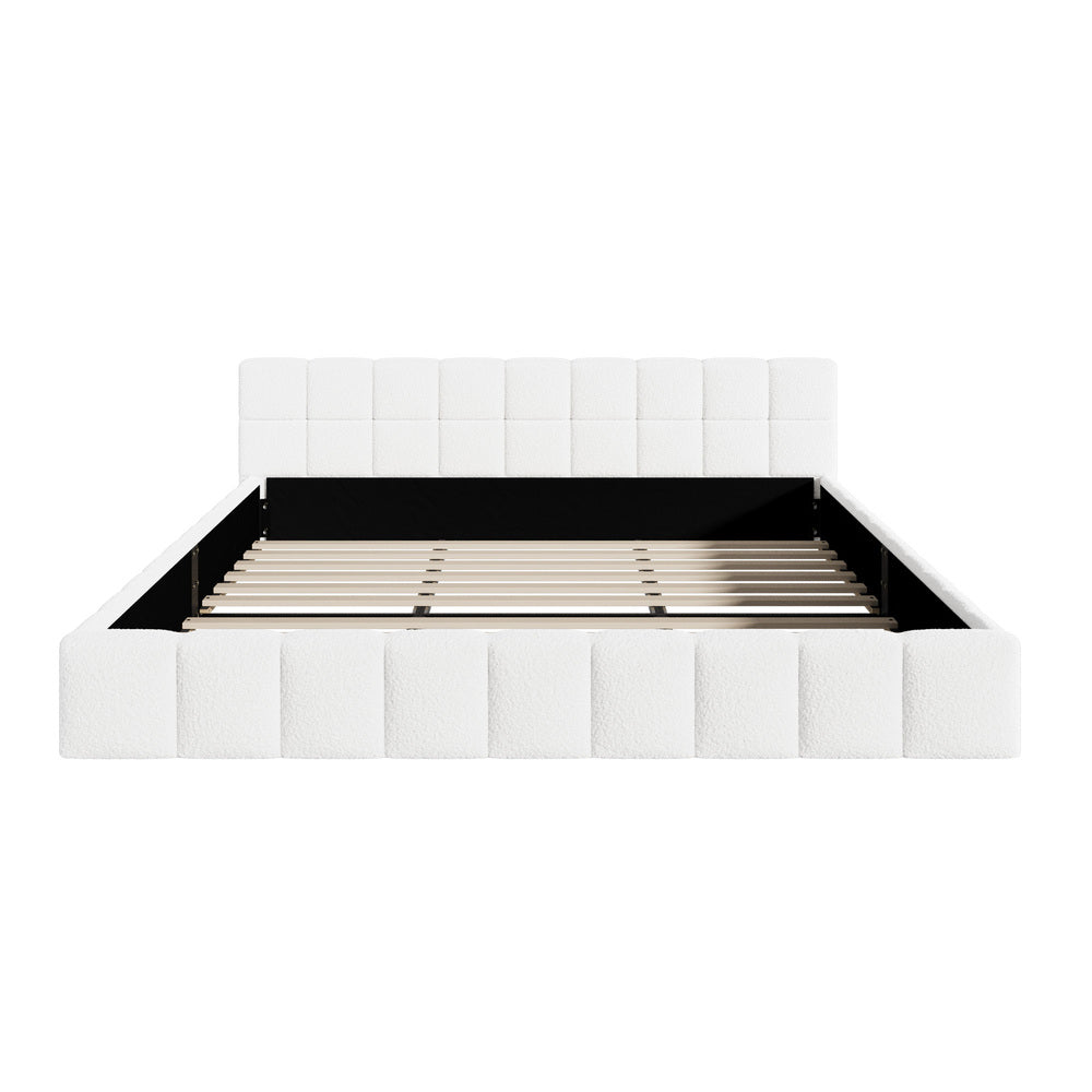 King Bed Frame Tufted Boucle Headboard White | Simpledeals