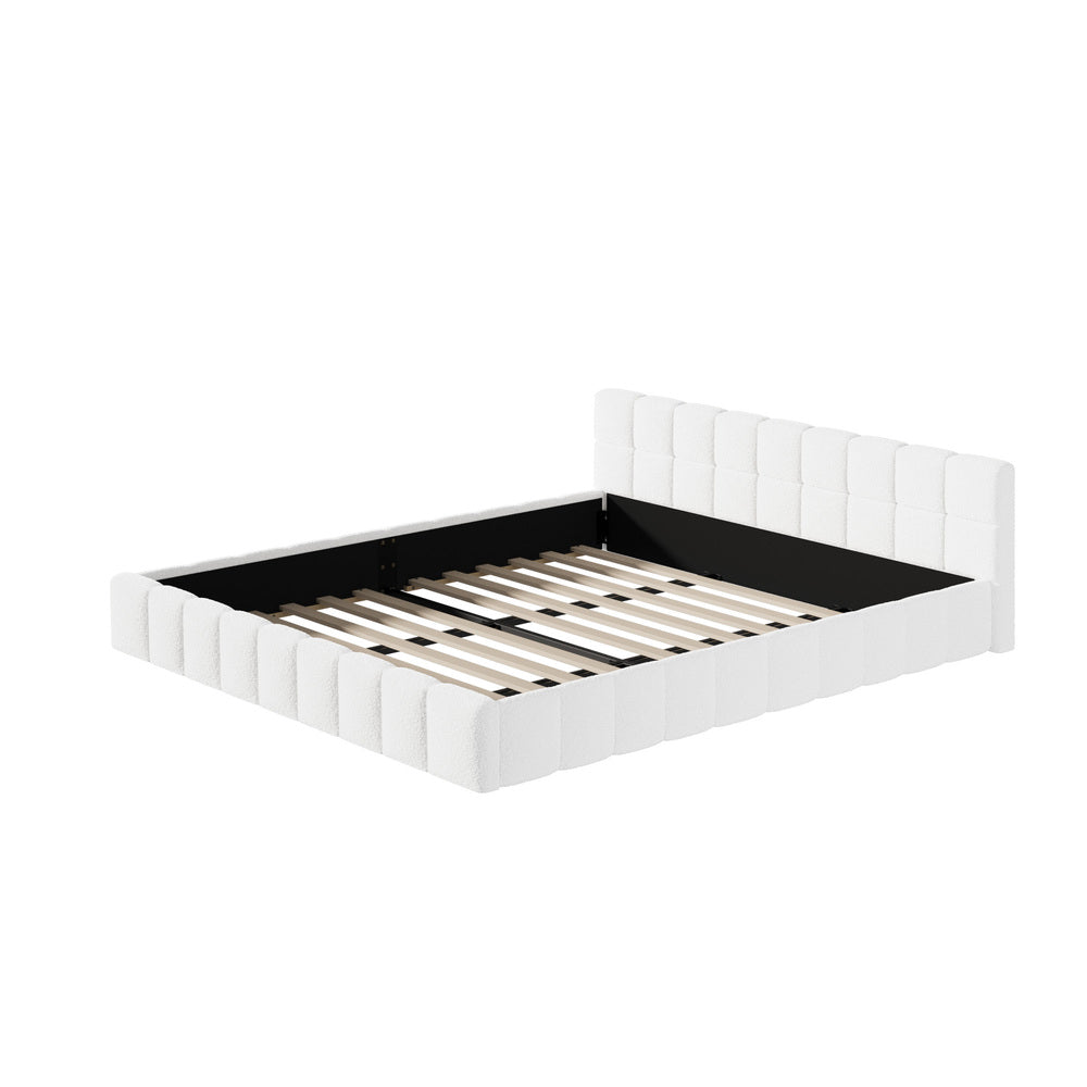 King Bed Frame Tufted Boucle Headboard White | Simpledeals