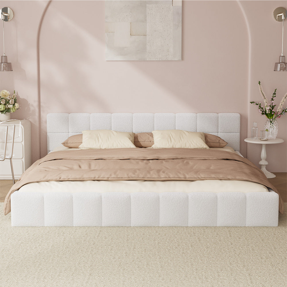 King Bed Frame Tufted Boucle Headboard White | Simpledeals