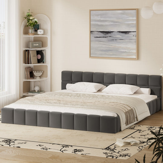 King Bed Frame Grey Velvet Tufted Headboard | Grey colour