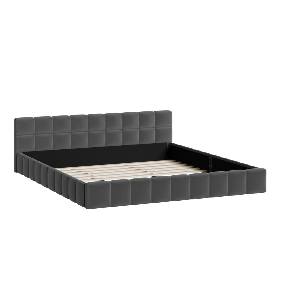 King Bed Frame Grey Velvet Tufted Headboard | Simpledeals
