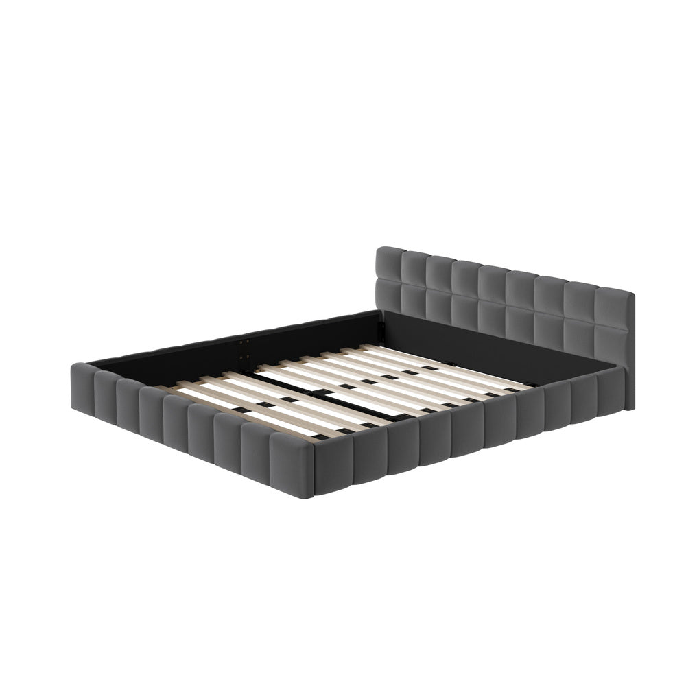 King Bed Frame Grey Velvet Tufted Headboard | Simpledeals
