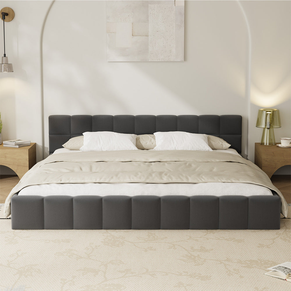 King Bed Frame Grey Velvet Tufted Headboard | Simpledeals