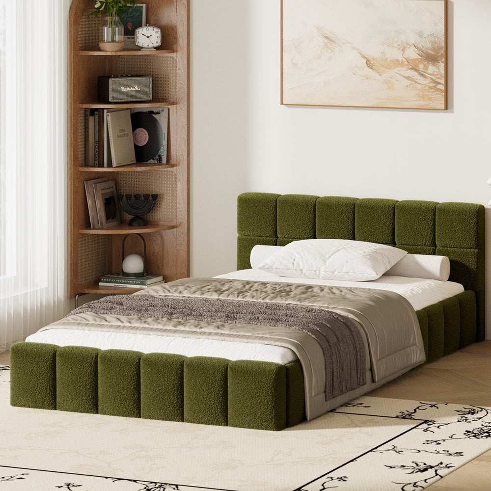 Tufted Headboard Stylish Bed With And Green Boucle Fabric