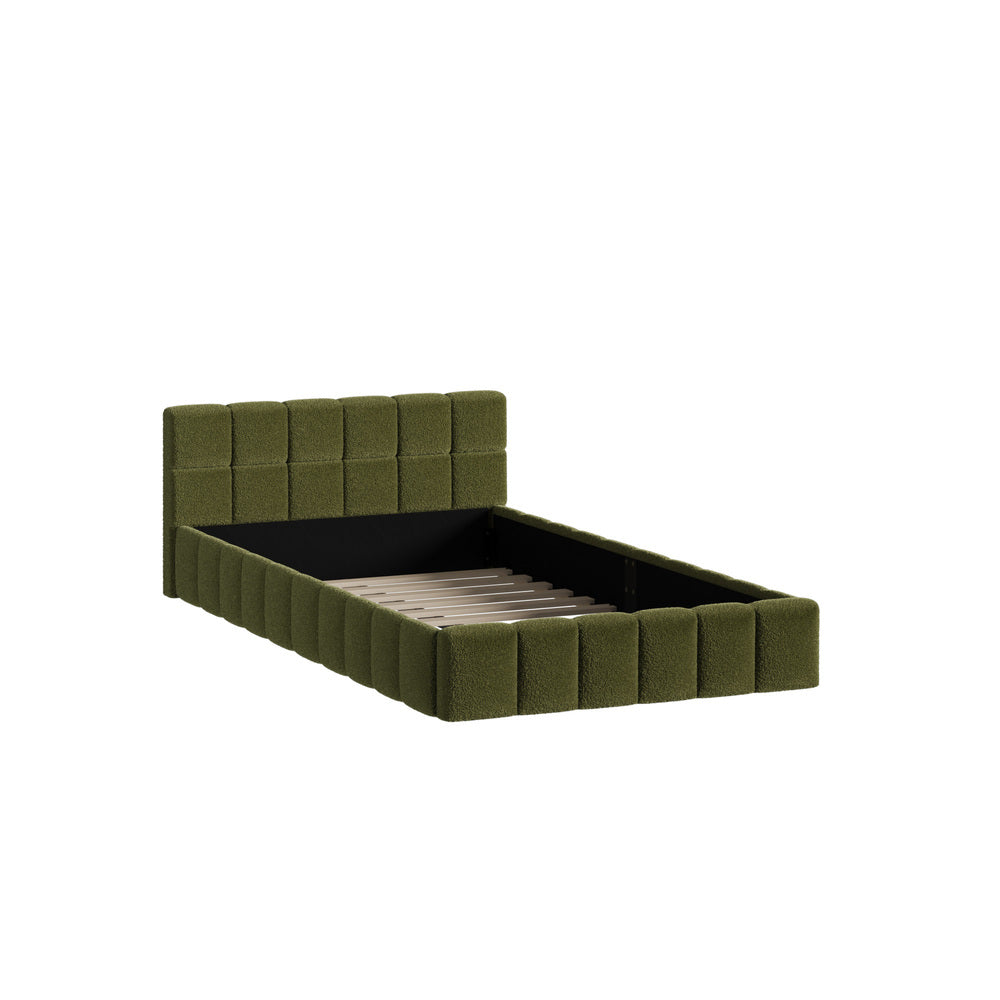Tufted Headboard Stylish Bed With And Green Boucle Fabric