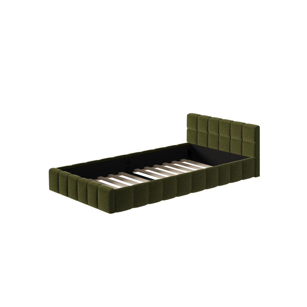 Tufted Headboard Stylish Bed With And Green Boucle Fabric