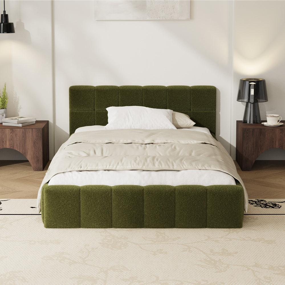 Tufted Headboard Stylish Bed With And Green Boucle Fabric