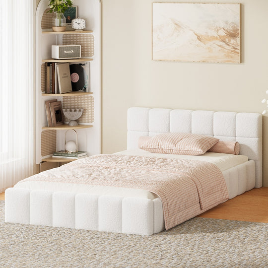 King Single Bed Frame Tufted Boucle Headboard, Bed Frame