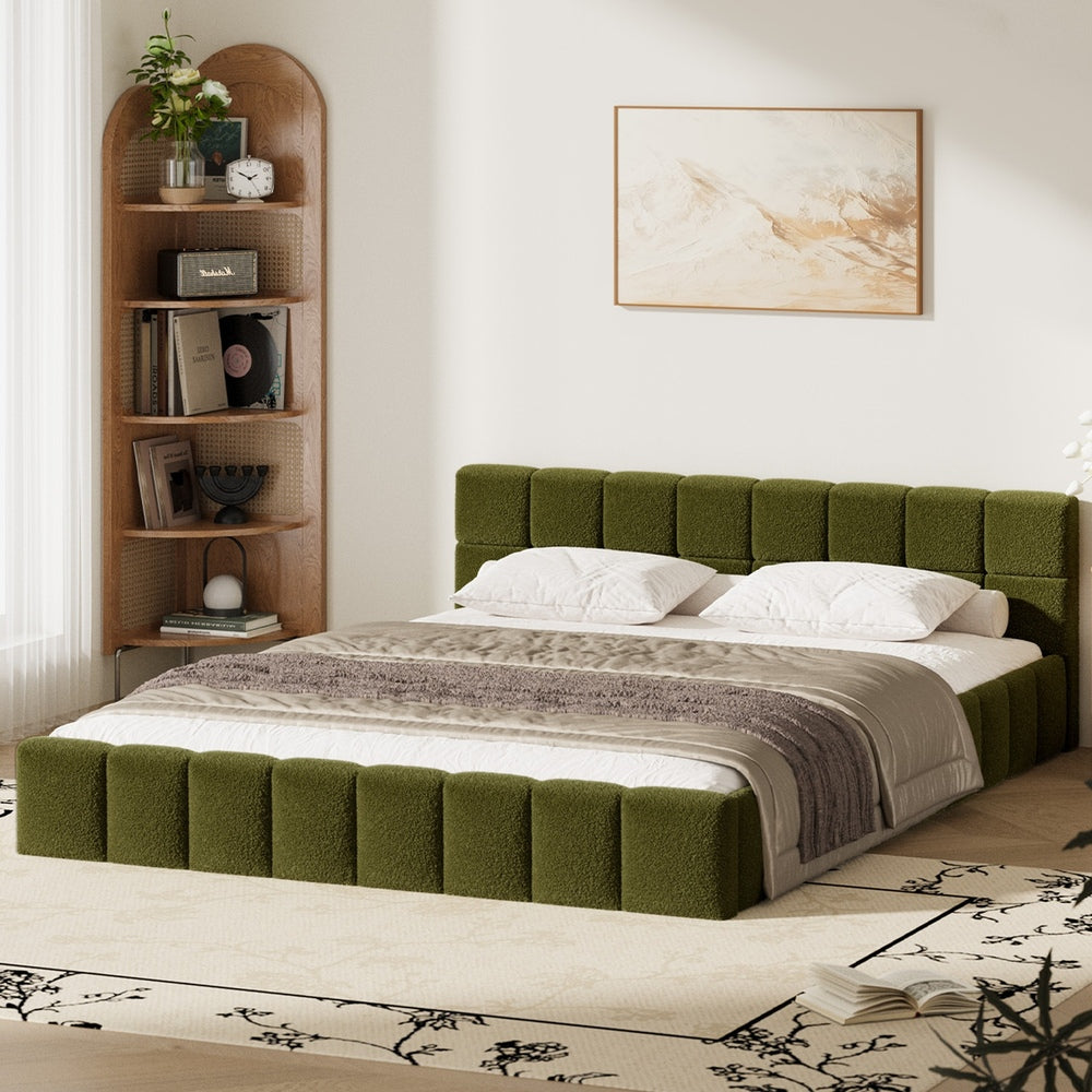 Tufted Headboard Stylish Bed With And Green Boucle Fabric