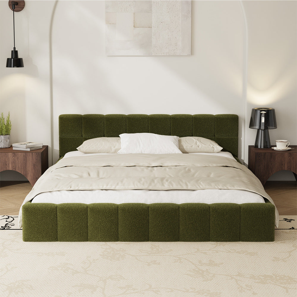 Tufted Headboard Stylish Bed With And Green Boucle Fabric