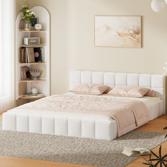 Bed Frame Queen Size Tufted Headboard White Boucle