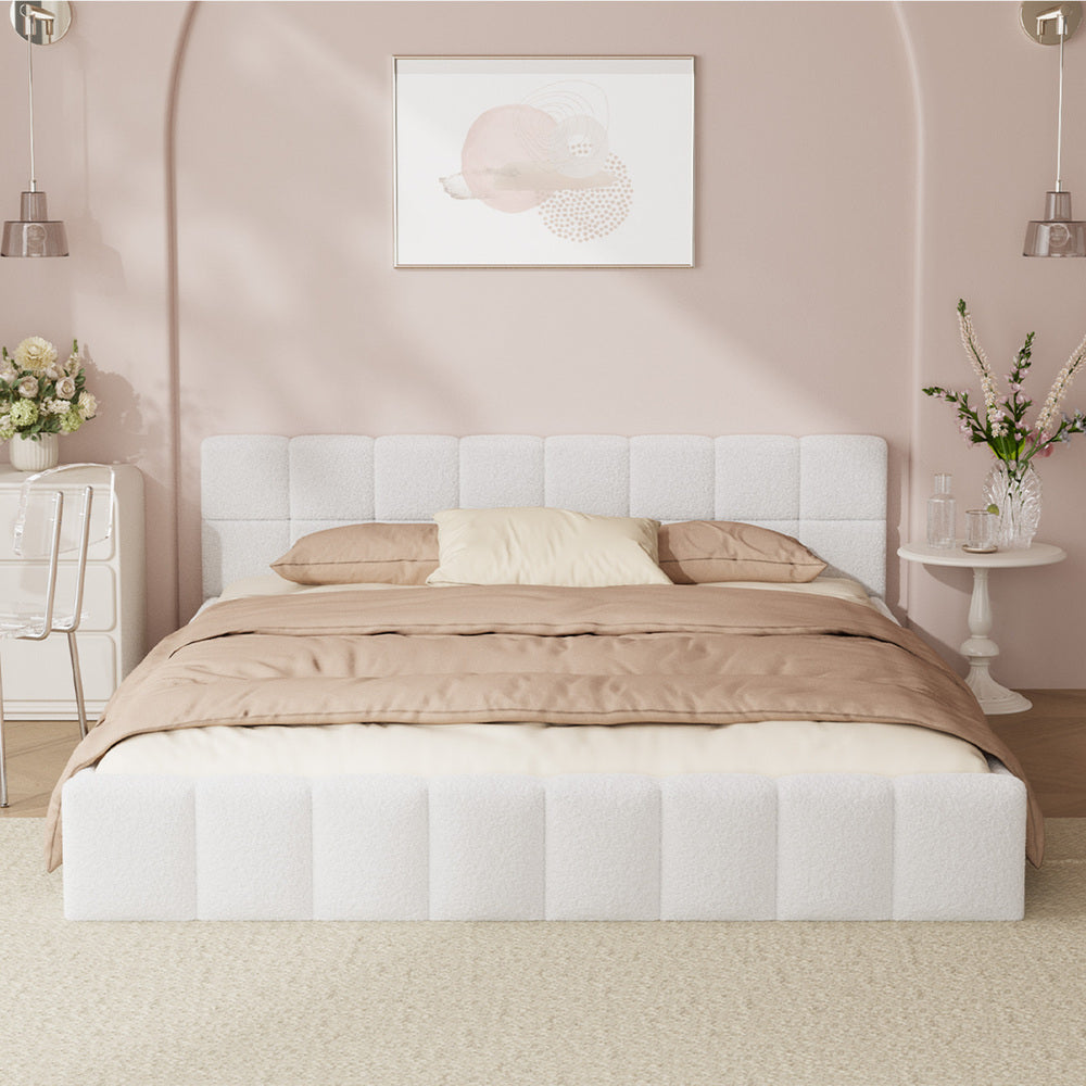 Bed Frame Queen Size Tufted Headboard White Boucle